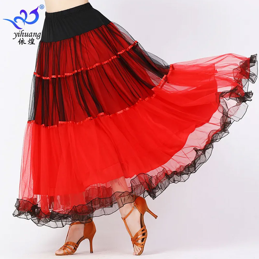 新款摩登舞裙华尔兹交谊舞裙集体表演服国标舞比赛跳舞大摆半身裙 - 图0