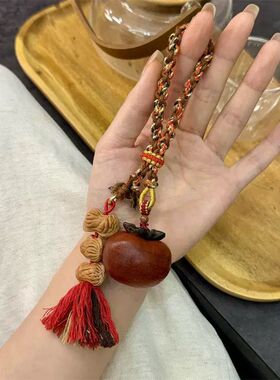 好事发生  紫檀木柿子搭配桃核花生文玩车挂包挂