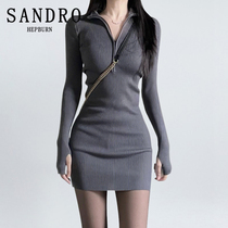 SANDRO HEPBURN Womens dress 2023 spring new French style hot girl swarm with hip dress knit dress