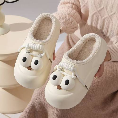 卡通大眼棉拖鞋女款秋冬季新款防水包跟厚底保暖家用外穿情侣棉鞋 - 图2