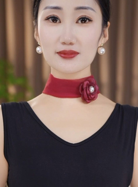 2026春秋新款花朵护颈磁扣小丝巾纱巾女百搭遮颈纹围巾懒人围脖