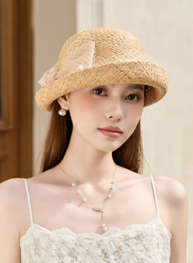 法式复古拉菲草太阳帽女网纱花朵