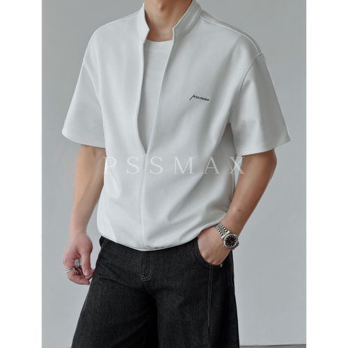 【现货】胖俗俗 PSSMAX深V阔形假两件短袖2026夏季宽松休闲T恤男 - 图1