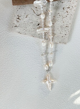 海滨假日-天然十字珍珠项链不规则全珍珠链可调节夏日海边浪漫风