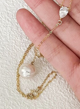 甜蜜糖豆-不规则天然珍珠带钻超闪布灵布灵14K注金项链小众设计感
