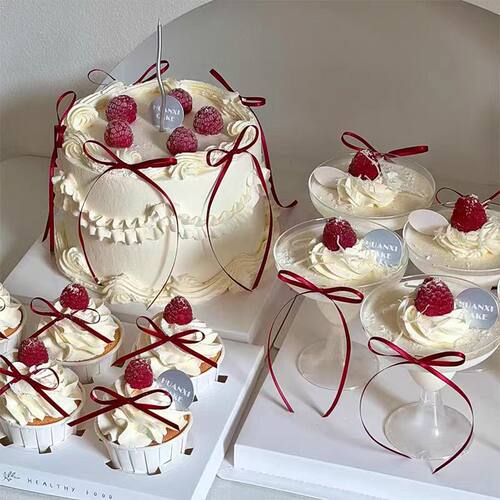 网红高级感订婚结婚0.3cm丝带蝴蝶结酒杯甜品插件甜品台蛋糕装饰 - 图1