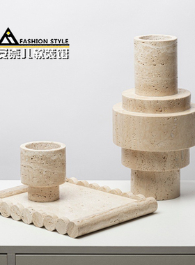创意黄洞石花瓶大理石花器托盘