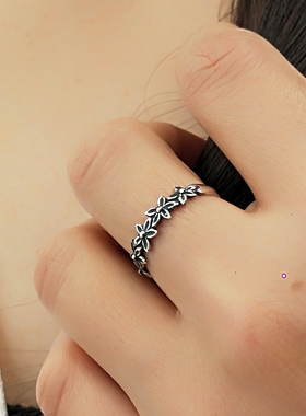 复古民族风925银女个性花朵戒指