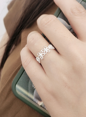 法式镂空花开口可调节女纯银戒指