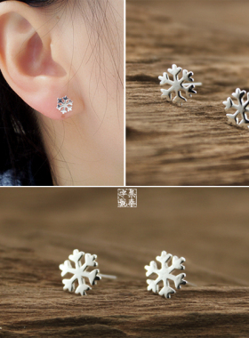 s925纯银亮面雪花防过敏清新耳钉