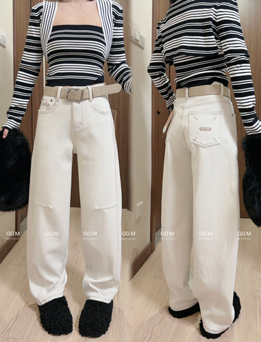 浅蓝色加绒弯刀牛仔裤女2025冬季新款宽松显瘦阔腿香蕉裤迷设8806 - 图1