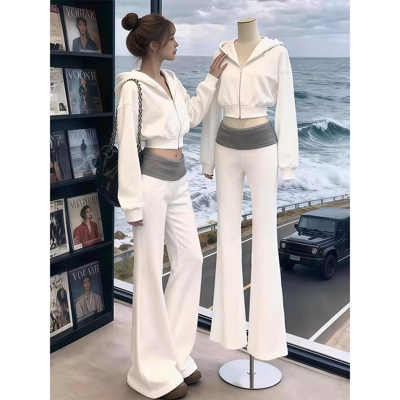 韩系休闲运动两件套女春连帽长袖卫衣外套拼色低腰休闲微喇叭裤子,淘宝优惠券,粉丝福利购,淘宝优惠卷