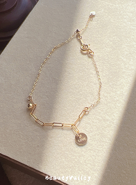 B.V原创美国进口14K包金love吊牌百搭复古情侣温柔爱心手链女礼物
