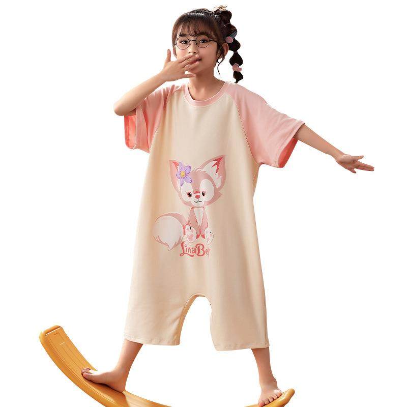 宝宝防踢春秋纯棉幼儿短袖连体睡袍 巴香草睡裙