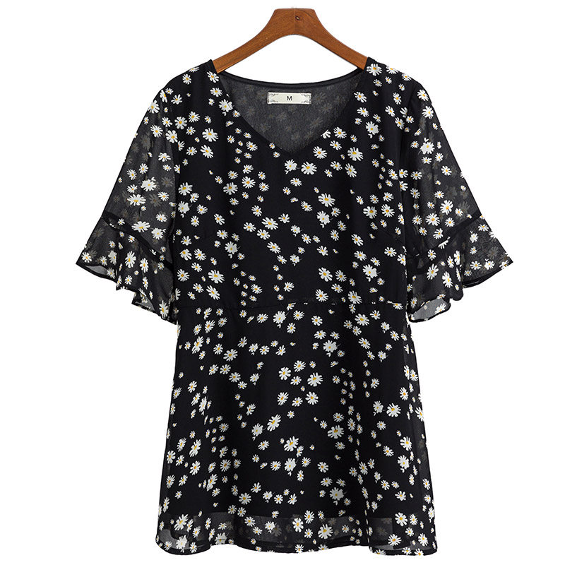 胖mm大码宽松百搭v领小雏菊潮上衣 云妃秀大码女装