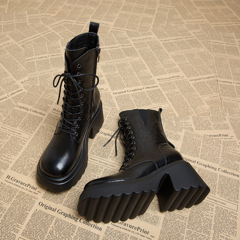 真皮高跟靴子女2025新款秋冬松糕厚底系带马丁靴高级感炸街小短靴,淘宝优惠券,粉丝福利购,淘宝优惠卷