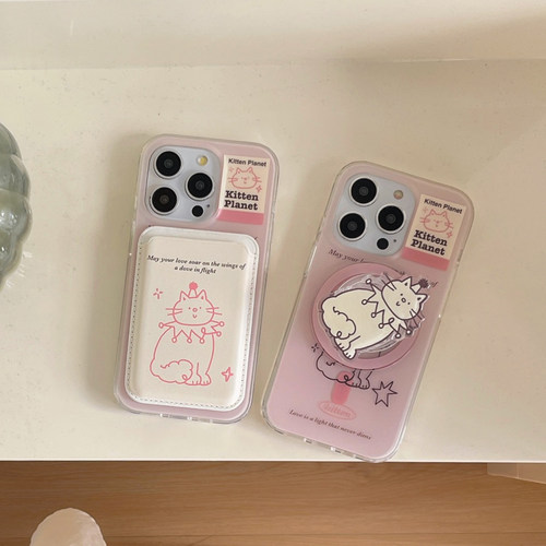 新ins风淡粉桃色星星线条猫咪双层IMD磁吸17手机壳支架卡包适用16苹果15promax可爱清新高级感少女心14磨砂13 - 图0