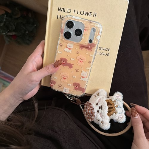 IMD白鹿同款卡通可爱杏黄色满屏狗狗骨头脚印手机壳适用iPhone17promax大孔防摔ins苹果16磨砂15玩偶14挂绳13 - 图0