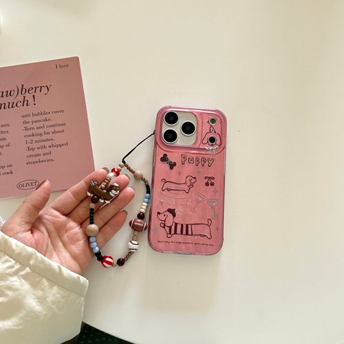 IMD卡通可爱粉底棕色线条腊肠狗手机壳适用iPhone17promax大孔防摔苹果16亮面15趣味创意14手链13清新女生硬 - 图1
