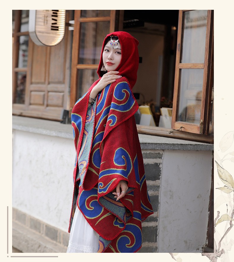 女士围巾新款仿羊绒提花开叉加厚大斗篷空调保暖披肩Poncho Shawl - 图2