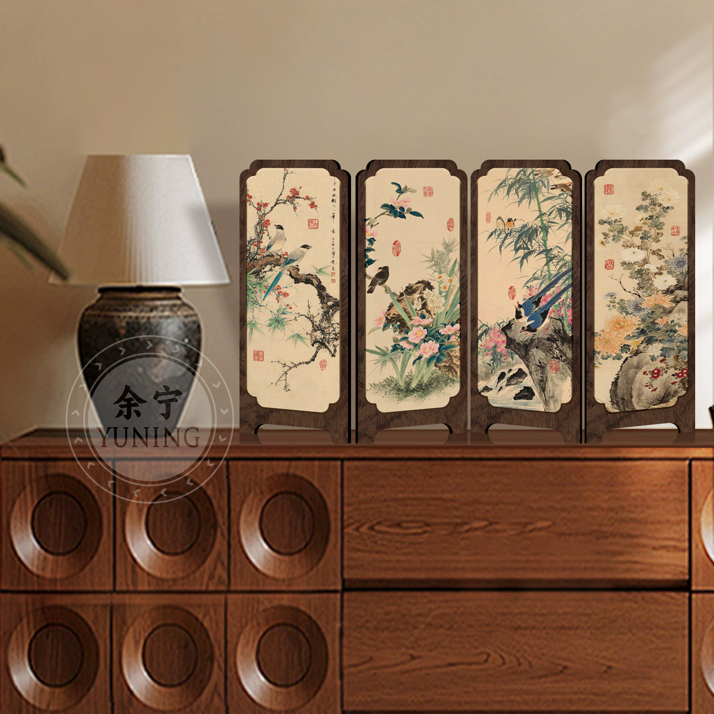 新中式小屏风桌面摆件茶室茶桌客厅玄关边柜装饰品复古中古风摆画 - 图2