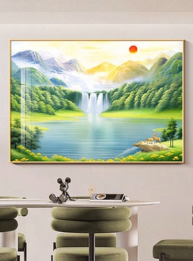 流水生财山水餐厅背景墙装饰画