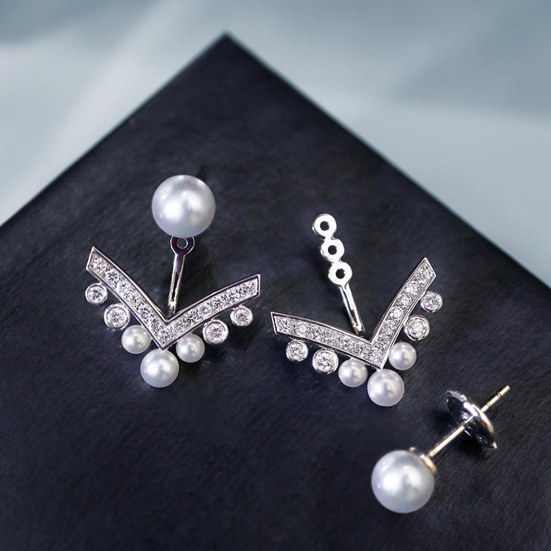 约瑟芬宋慧乔同款18K白金钻石日本akoya海水珍珠V型耳钉两用,淘宝优惠券,粉丝福利购,淘宝优惠卷