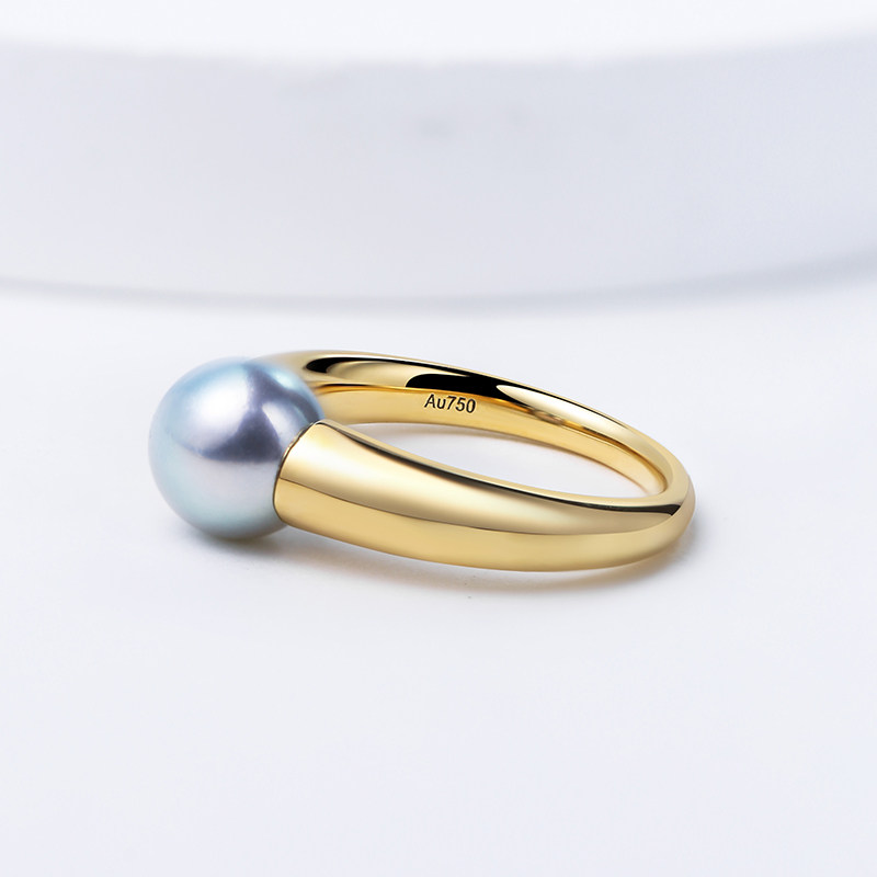 Medieval style vintage ring 18K gold akoya real hemp seawater pearl gray beads 18K thick gold croissant