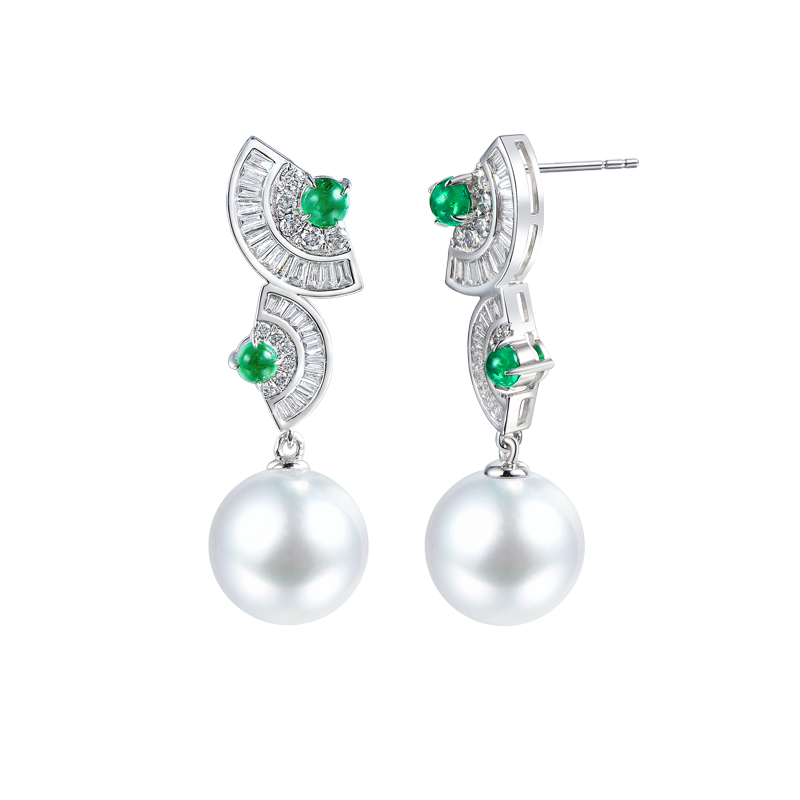 18K金天然南洋澳白珍珠耳钉祖母绿钻石耳环新中式珠宝折扇送妈妈,淘宝优惠券,粉丝福利购,淘宝优惠卷
