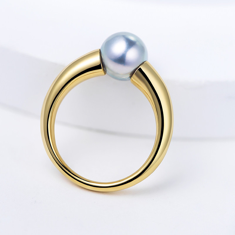 Medieval style vintage ring 18K gold akoya real hemp seawater pearl gray beads 18K thick gold croissant