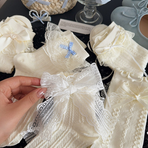 白色蝴蝶结袜子女中筒袜夏季薄款纯棉日系jk芭蕾风花边堆堆袜长袜 - 图0