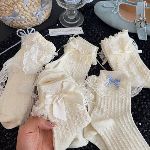 白色蝴蝶结袜子女中筒袜夏季薄款纯棉日系jk芭蕾风花边堆堆袜长袜 - 图1