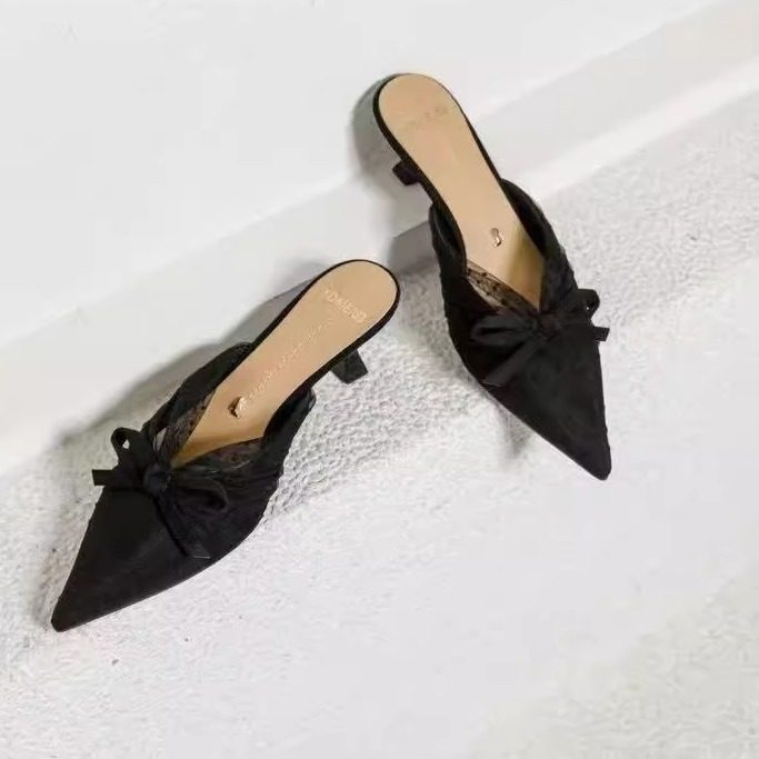 一代佳人26S2162时尚网纱蝴蝶结镂空包头半托气质舒适百搭小猫跟,淘宝优惠券,粉丝福利购,淘宝优惠卷