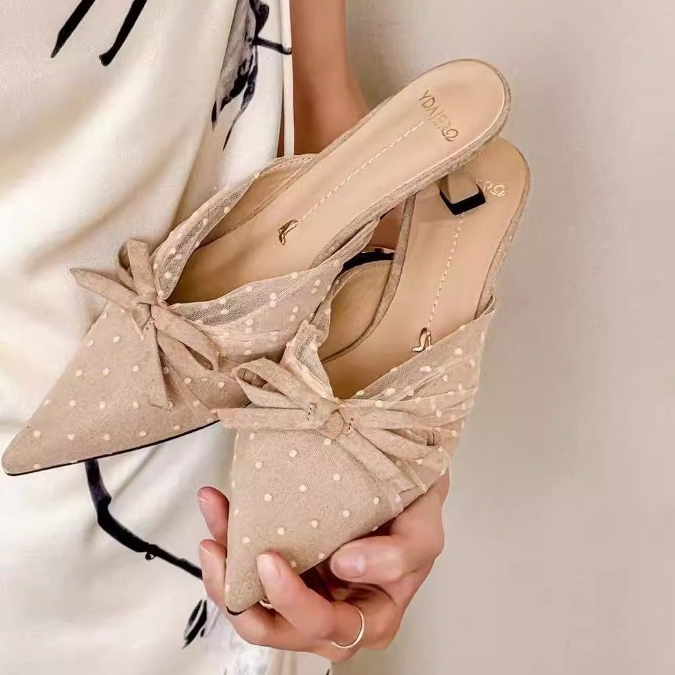 一代佳人26S2162时尚网纱蝴蝶结镂空包头半托气质舒适百搭小猫跟,淘宝优惠券,粉丝福利购,淘宝优惠卷