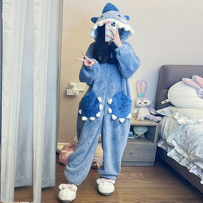 可爱鲨鱼卡通珊瑚绒睡衣女成人秋冬款小加厚搞怪连体睡袍搞笑冬季 - 图1