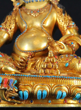 藏式尼泊尔纯手工紫铜鎏金镶宝石黄财神佛像密宗佛堂居家摆件7寸