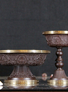 西藏手工护法杯纯铜藏式供佛用品八吉祥雕花佛前供护法杯14cm