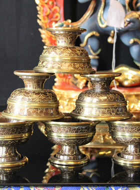 佛堂装饰品尼泊尔手工打造紫铜刻金花供水碗进口供水杯7个加厚款