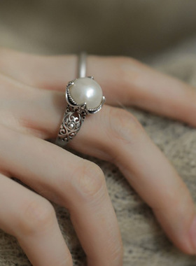 s925纯银珍珠镂空戒指女2024年新款小众设计感时尚个性开口食指戒