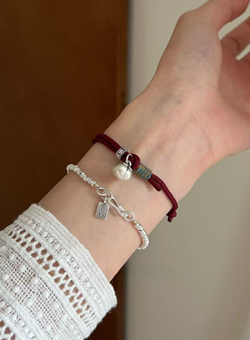足银9999柿柿如意红绳手链小众中式好柿发生子吊坠手绳本命年红绳