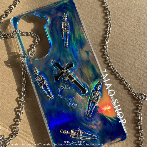 暗黑风蓝色晕染骷髅十字架适用iphone15/14promax12手机壳荣耀300 - 图0