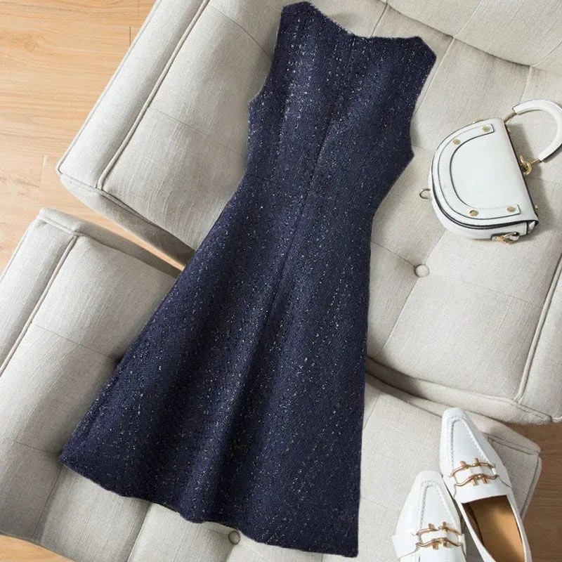 毛呢背心裙小香风亮丝中长款无袖法式连衣裙秋冬V领打底连衣裙女