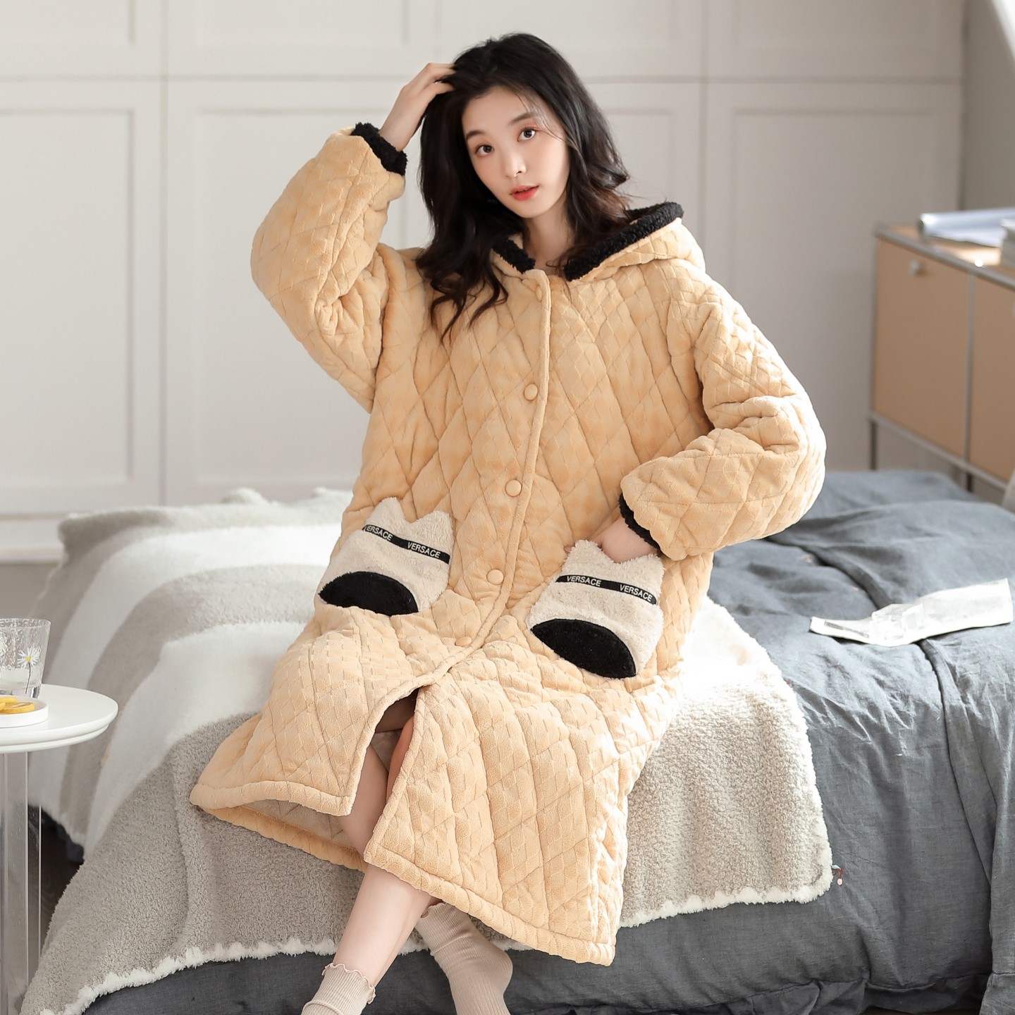 猫人女士睡袍珊瑚绒三层夹棉女款保暖牛奶绒冬季加厚加绒长款浴袍,淘宝优惠券,粉丝福利购,淘宝优惠卷