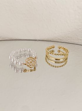 叠戴组合珍珠款山茶花戒指女