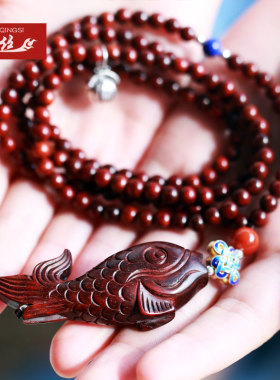 绾青丝民族风紫檀雕刻南红项链