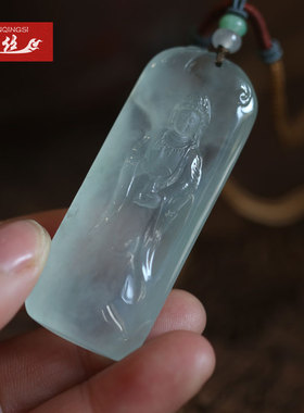绾青丝高冰翡翠吊坠苏工雕刻观音牌高货翡翠挂件