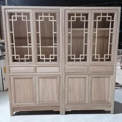 新中式书柜组合白茬老榆木全实木书橱储物展示柜免漆简约书架带门 - 图3