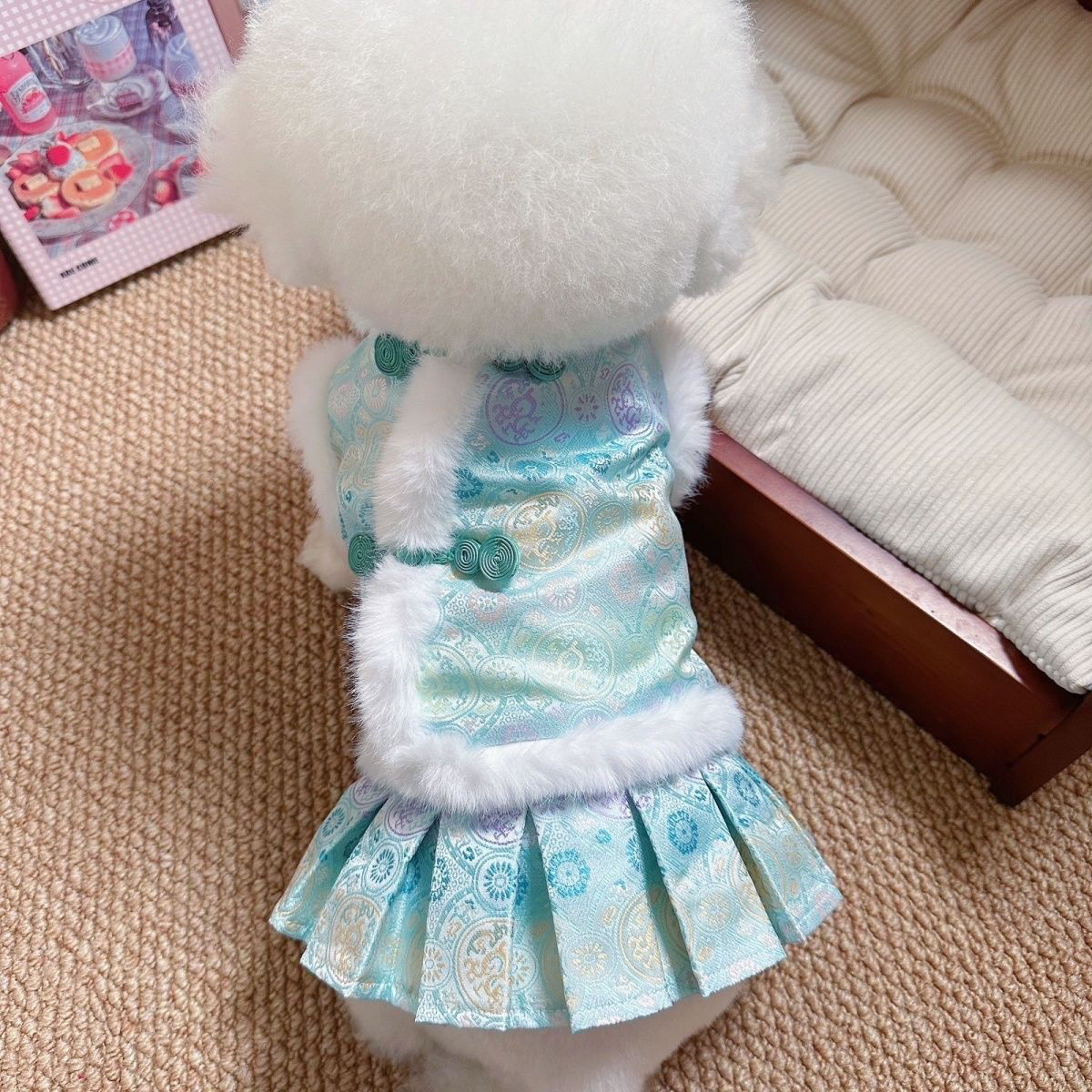 新中式国风唐装棉裙 小狗狗猫咪秋冬宠物比熊衣服新年装马甲 - 图0