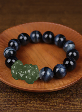 蓝虎眼石和田玉貔貅手链男女