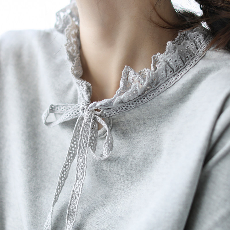 代勒原创文艺花朵领蕾丝拼接打底衫 代勒 格调 棉麻文艺小院T恤